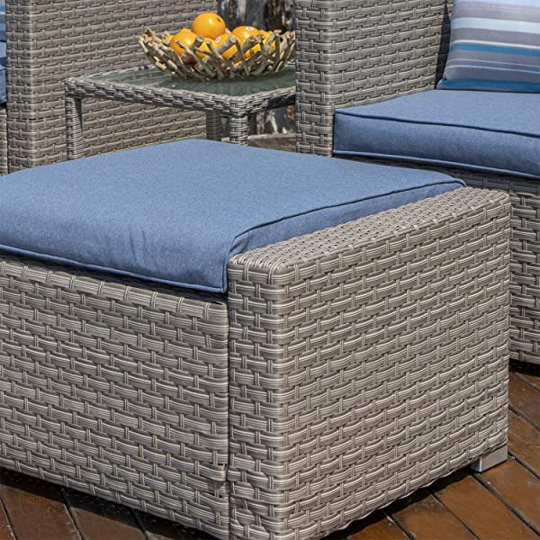 COSIEST 5-Piece Outdoor Furniture Lounge Set Warm Gray Wicker Sectional Sofa w Thick Cushions, Glass-Top Table, 2 Ottomans, 2 Teal Pattern Pillows for Garden, Pool, Backyard