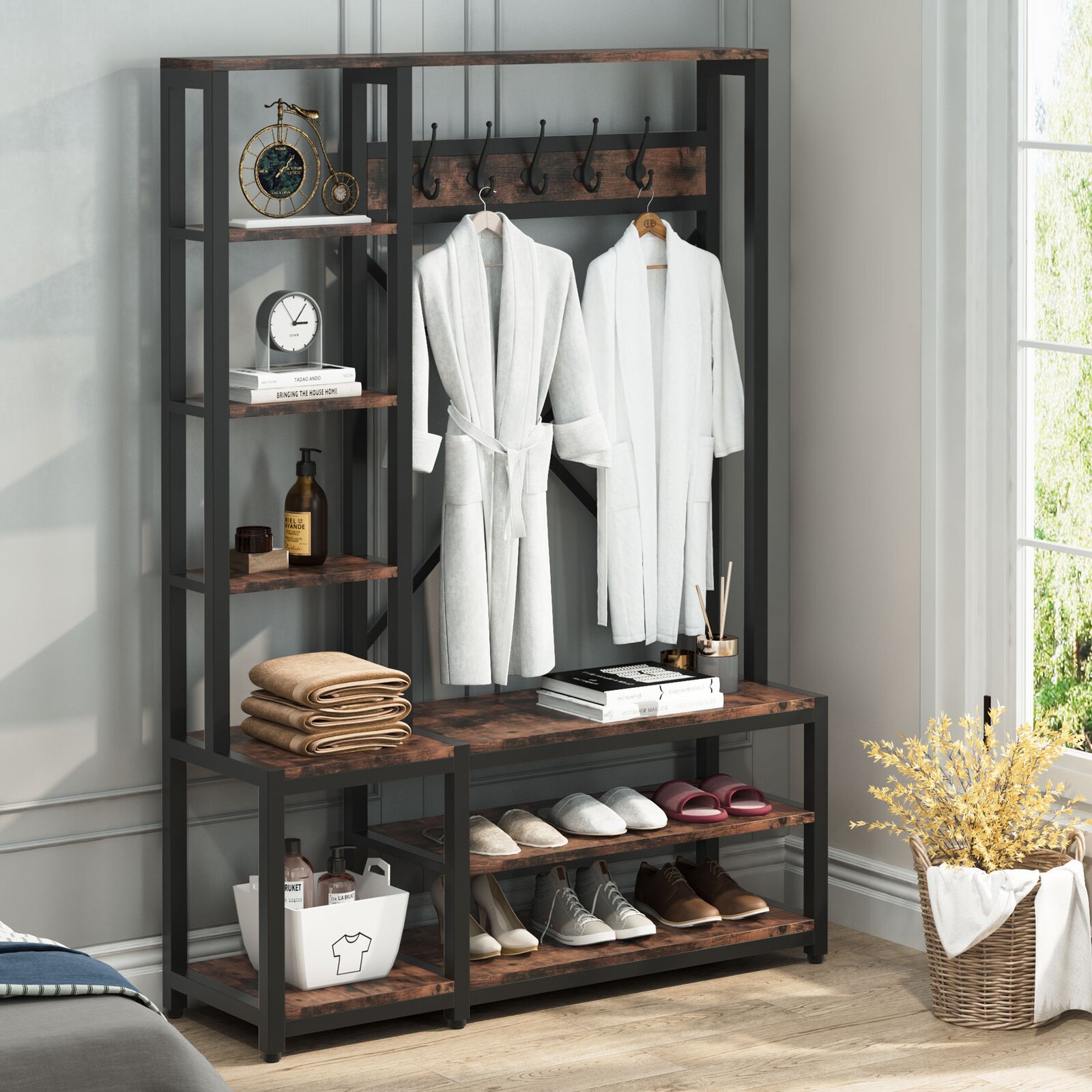 【Furniture】Emelyne 47.2'' Wide Iron Hall Tree with Bench and Shoe Storage
