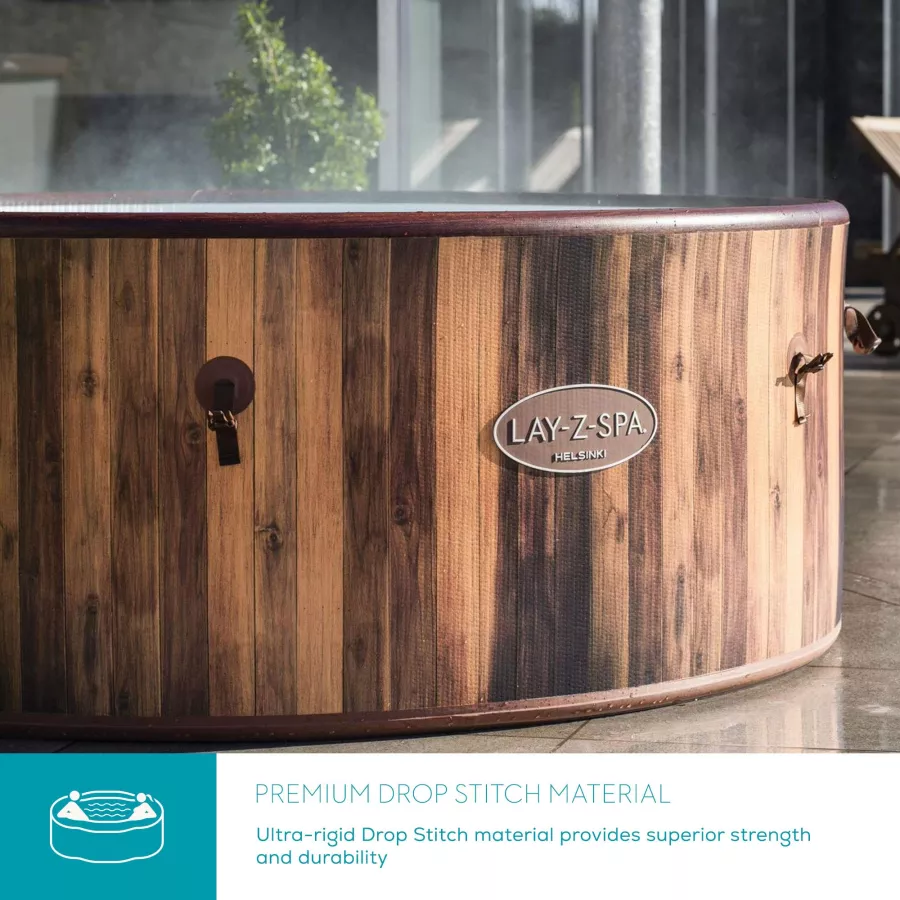 HELSINKI HOT TUB, 180 AIRJET WOOD EFFECT INFLATABLE SPA WITH FREEZE SHIELD YEAR ROUND TECHNOLOGY AND RAPID HEATING, 5-7 PERSON