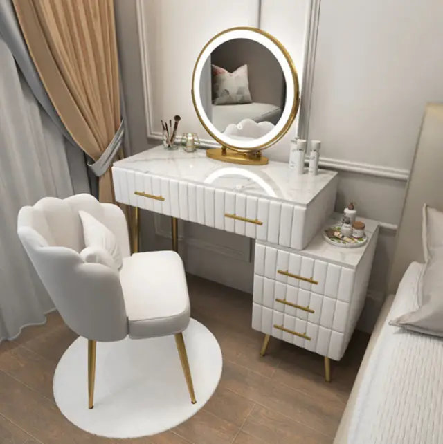 【Furniture】Marble Dresser Set with Illuminated LED Touch Screen Dimmable Round Mirror Makeup Cabinet