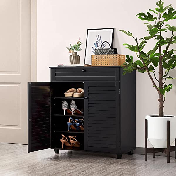 Yaheetech Shoe Cabinet Bathroom Storage Cabinet with 1 Drawer & Adjustable Shelf, Shoe Rack Pinter Stand for Home Office, Black