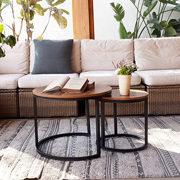 aboxoo Coffee Table Nesting Side Set of 2 End Table Top Sturdy Metal Frame Wood Desk Centerpiece Living Room Bedroom Apartment Modern Industrial Simple Nightstand