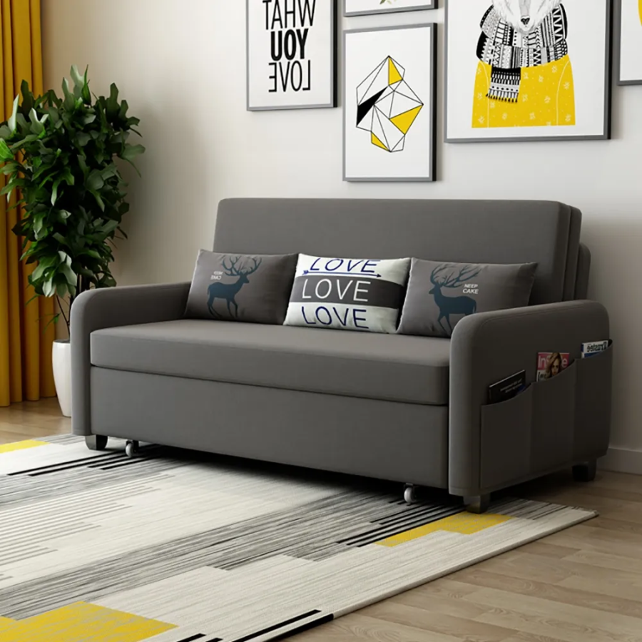 MODERN DEEP GRAY CONVERTIBLE SOFA BED FULL SLEEPER WITH STORAGE COTTON & LINEN UPHOLSTER