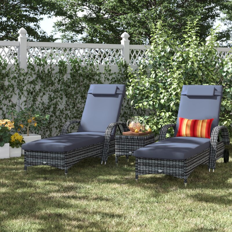 200CM LONG RECLINING SUN LOUNGER SET WITH CUSHIONS AND TABLE