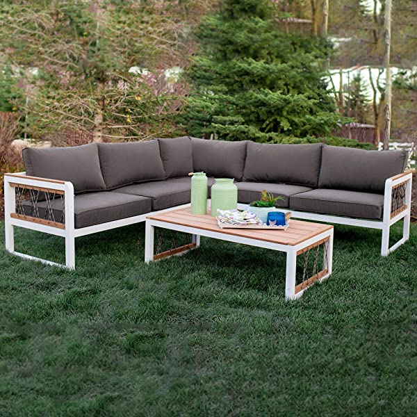 Walker Edison Harbor Modern 4 Piece Teak Wood and Metal Outdoor Modular Sectional with Knotted Rope Accents, Set of 4, White and Grey