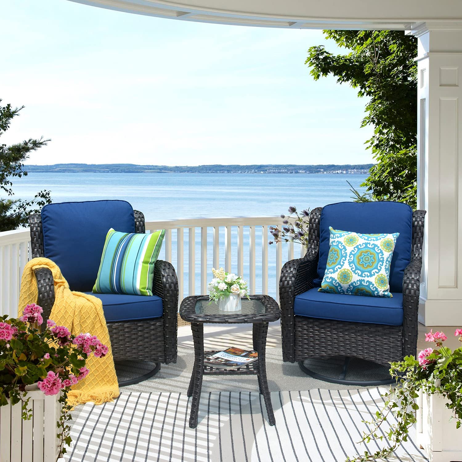 【Furniture】Patio Chair Outdoor Wicker Swivel Rocker Patio Chairs Set of 2 & Matching Side Table