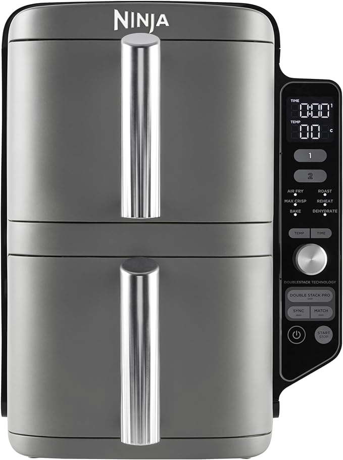 Ninja Double Stack XL Air Fryer, Vertical Dual Drawer AirFryer with 4 cooking levels, 2 Drawers and 2 Racks, Space Saving Design, 9.5L Capacity, 6 Cooking Functions, 8 Portions, GreySL400UK