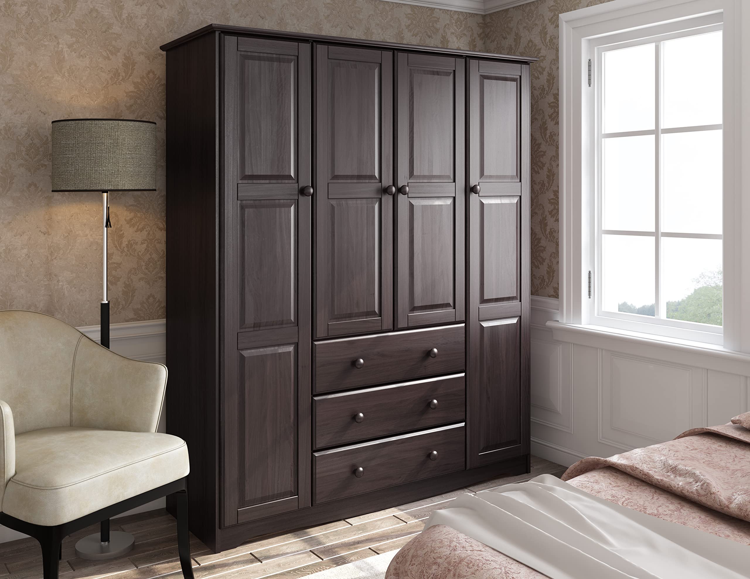 【Furniture】100% Solid Wood Family Wardrobe/Armoire/Closet, Java. 3 Clothing Rods Included