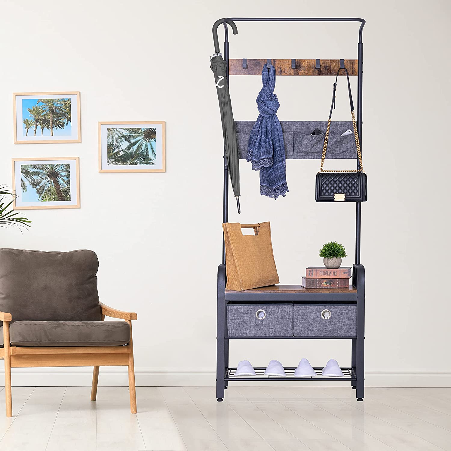 Sunnyglade retro coat rack 3 in 1 hall tree entrance passage coat rack, wood grain furniture metal frame