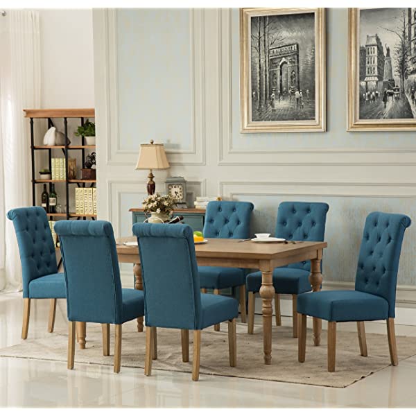 Roundhill Furniture Collection Habitanian Solid Wood Dining Table with 6 Button Tufted Chairs, Gray, Grey