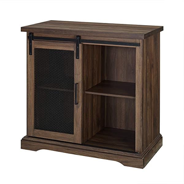 Walker Edison Beaumont Modern Farmhouse Sliding Slat Door Storage Cabinet, 32 Inch, White Oak White Oak Groove Door Cabinet