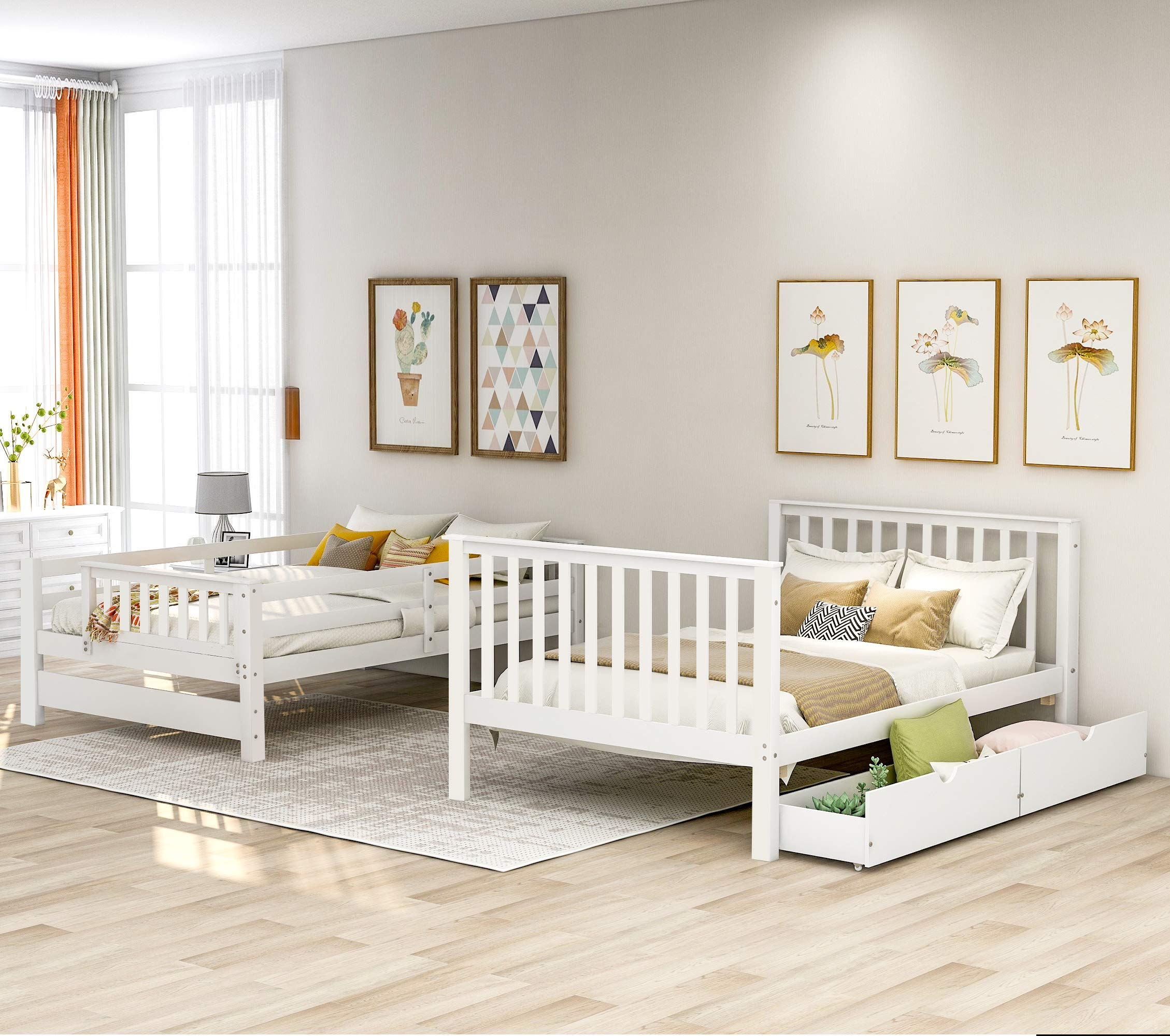 【Furniture】Full Over Full Bunk Bed with Shelves, Stairway Bunk Bed Full Size with 6 Storage Drawers