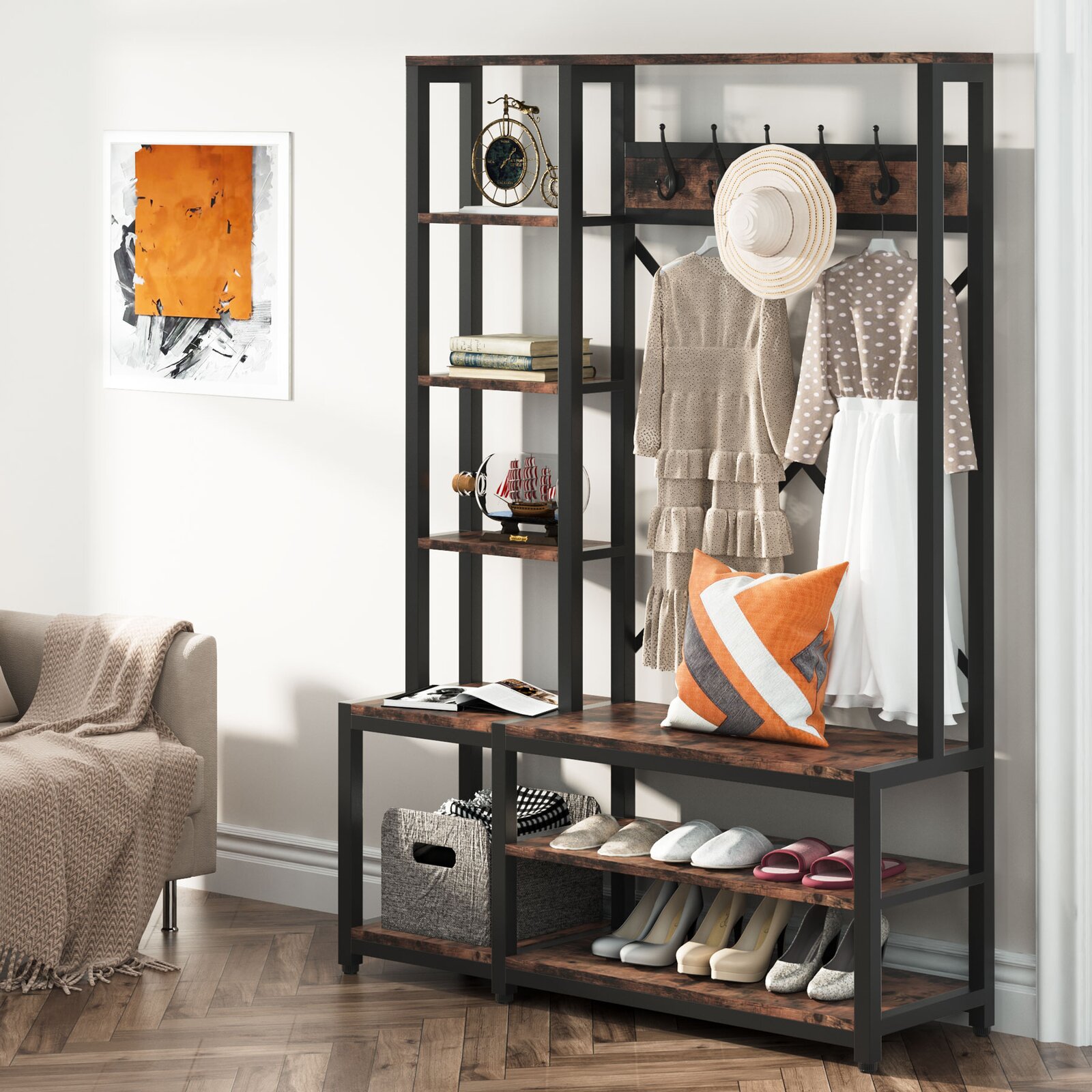 【Furniture】Emelyne 47.2'' Wide Iron Hall Tree with Bench and Shoe Storage