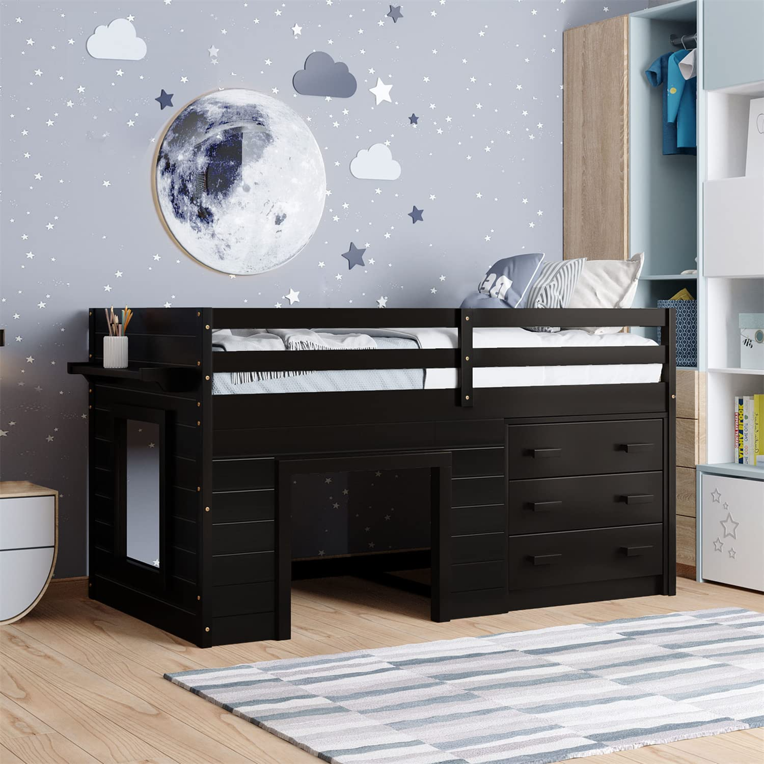 【Furniture】Bellemave Low Loft Beds with 3 Drawers Twin Loft Bed Frame with Cabinet & Bedside Tray Wood Farmhouse Loft Bed