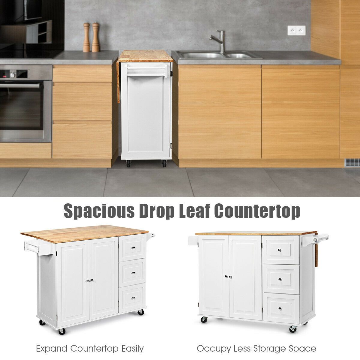 Kitchen Island Trolley with 3 Drawers and 2-door Cabinet