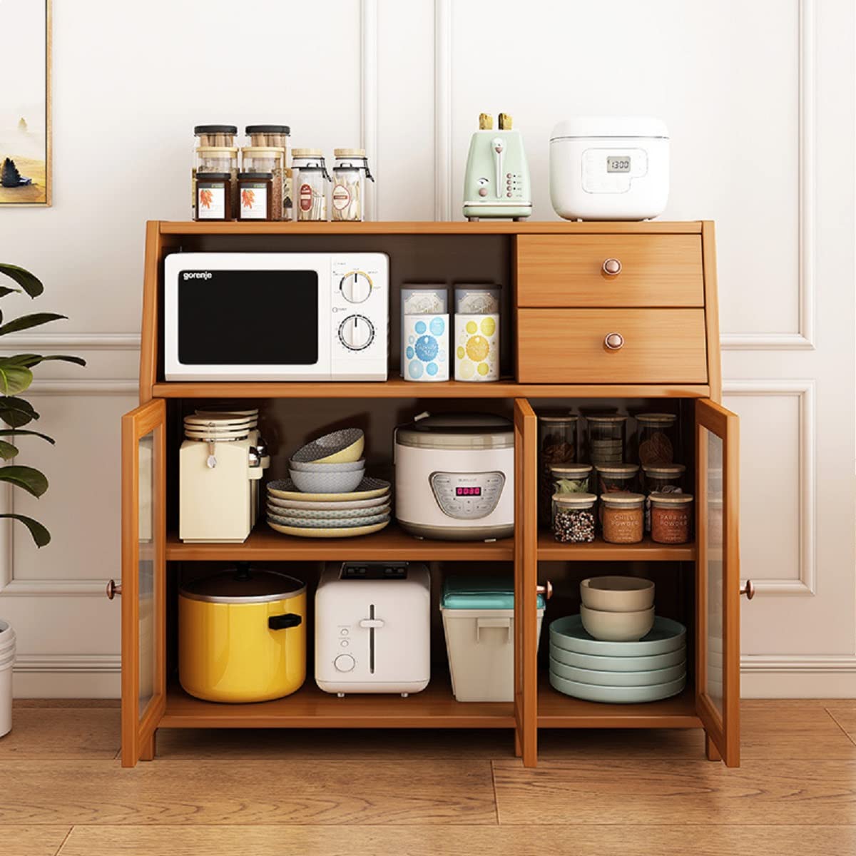 【Furniture】Natural Bamboo Buffet Sideboard Cabinet, 39 Inch Kitchen Sideboard Cabinet with 3 Doors