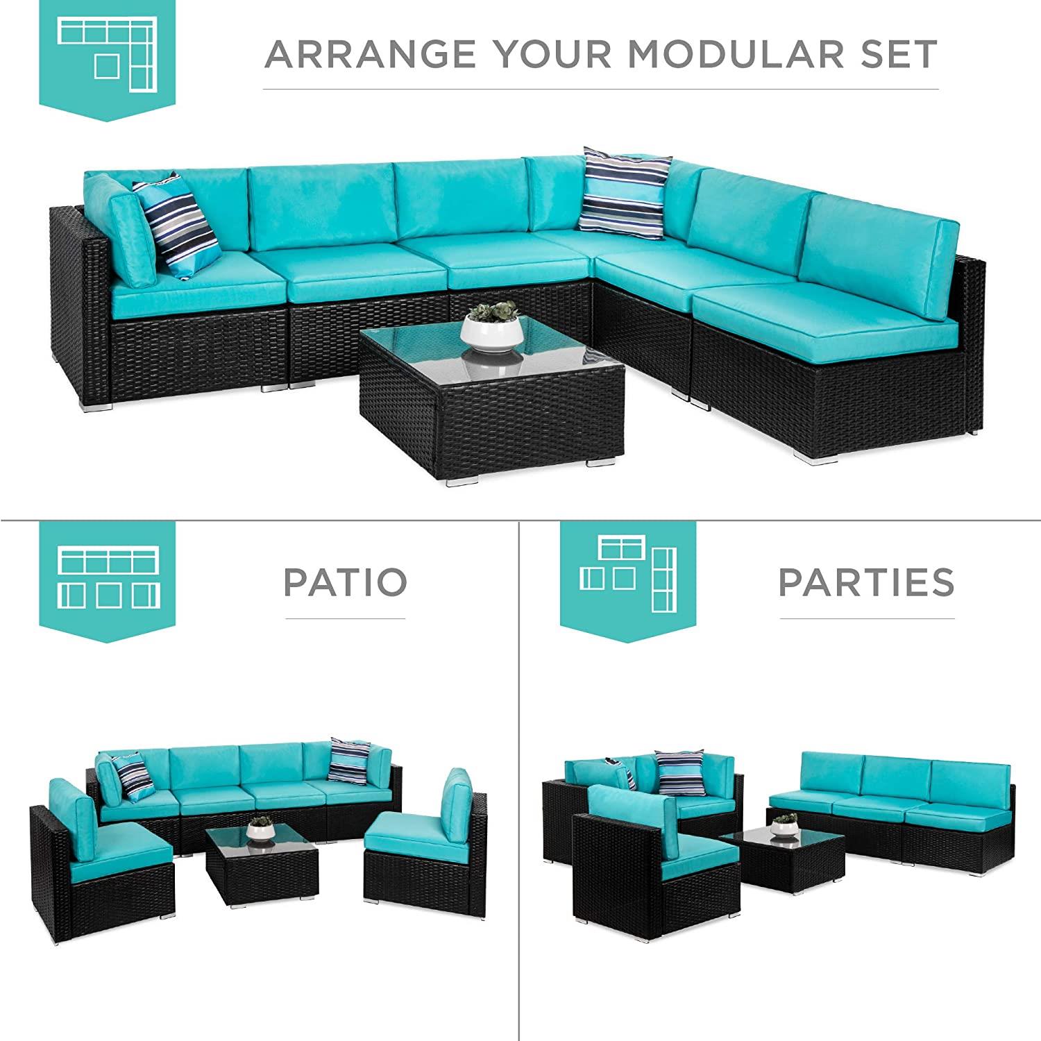 Best Choice Products 7-Piece Modular Outdoor Sectional Wicker Patio Furniture Conversation Sofa Set w/ 6 Chairs, 2 Pillows, Seat Clips, Coffee Table, Cover Included - Gray/Navy