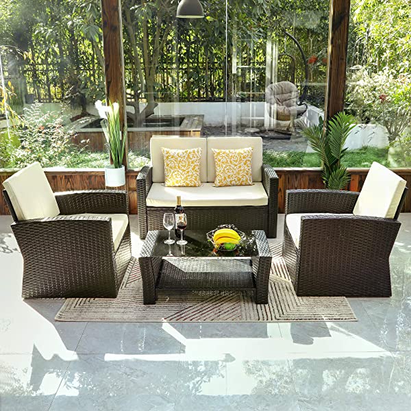 YITAHOME 4 Pieces Outdoor Furniture Sofa Set, PE Rattan Wicker Sectional Furniture Conversation Set with Cushions and Table for Porch Lawn Garden, Black