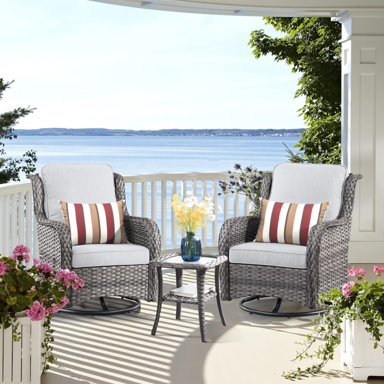 【Furniture】Patio Chair Outdoor Wicker Swivel Rocker Patio Chairs Set of 2 & Matching Side Table