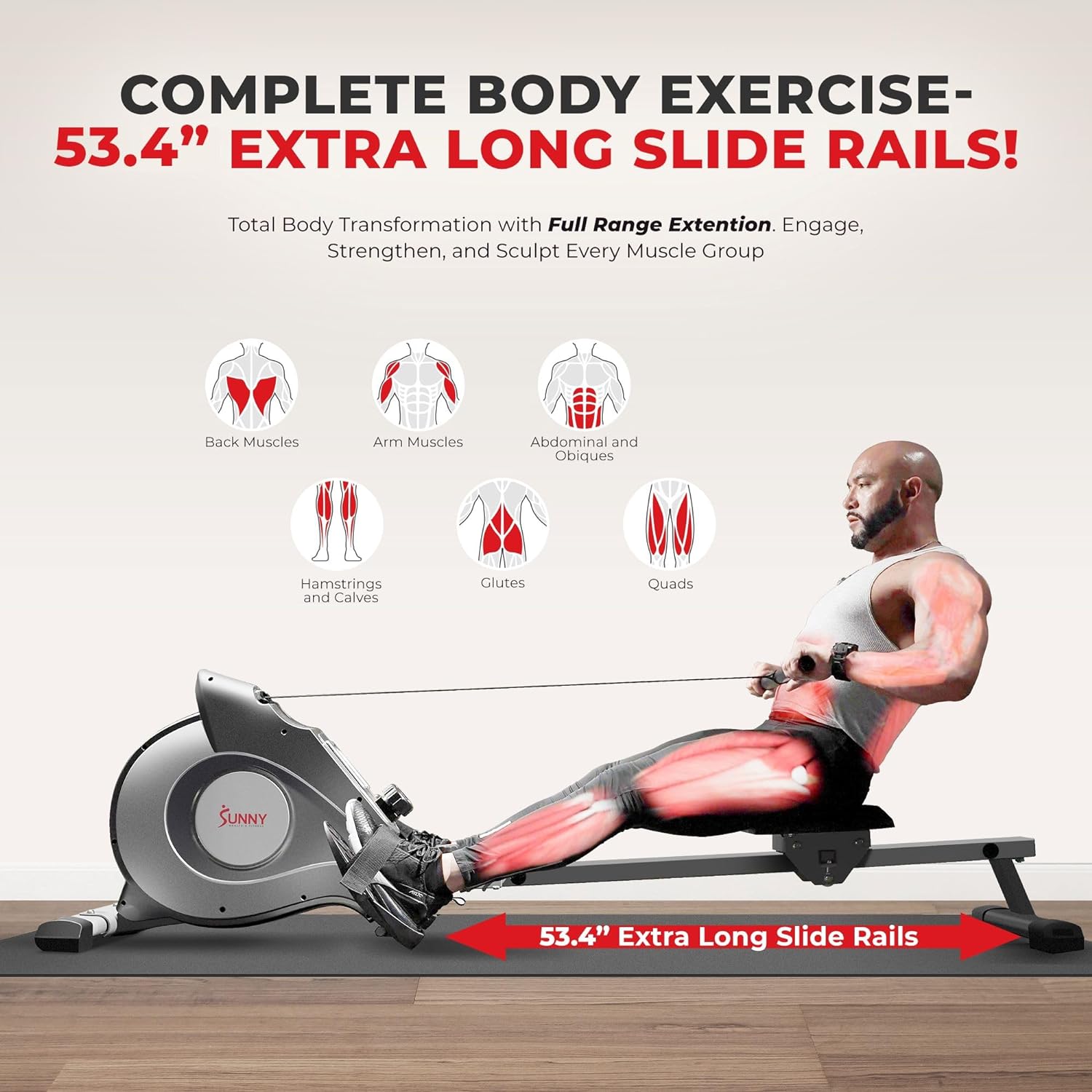 Sunny Health and Fitness Magnetic Rowing Machine, Folding Rower with LCD Monitor and Extra Long Slide Rail, 8 Level Resistance, Transport Wheels, Full Body Workout Equipment For Home, SF-RW5515, Gray