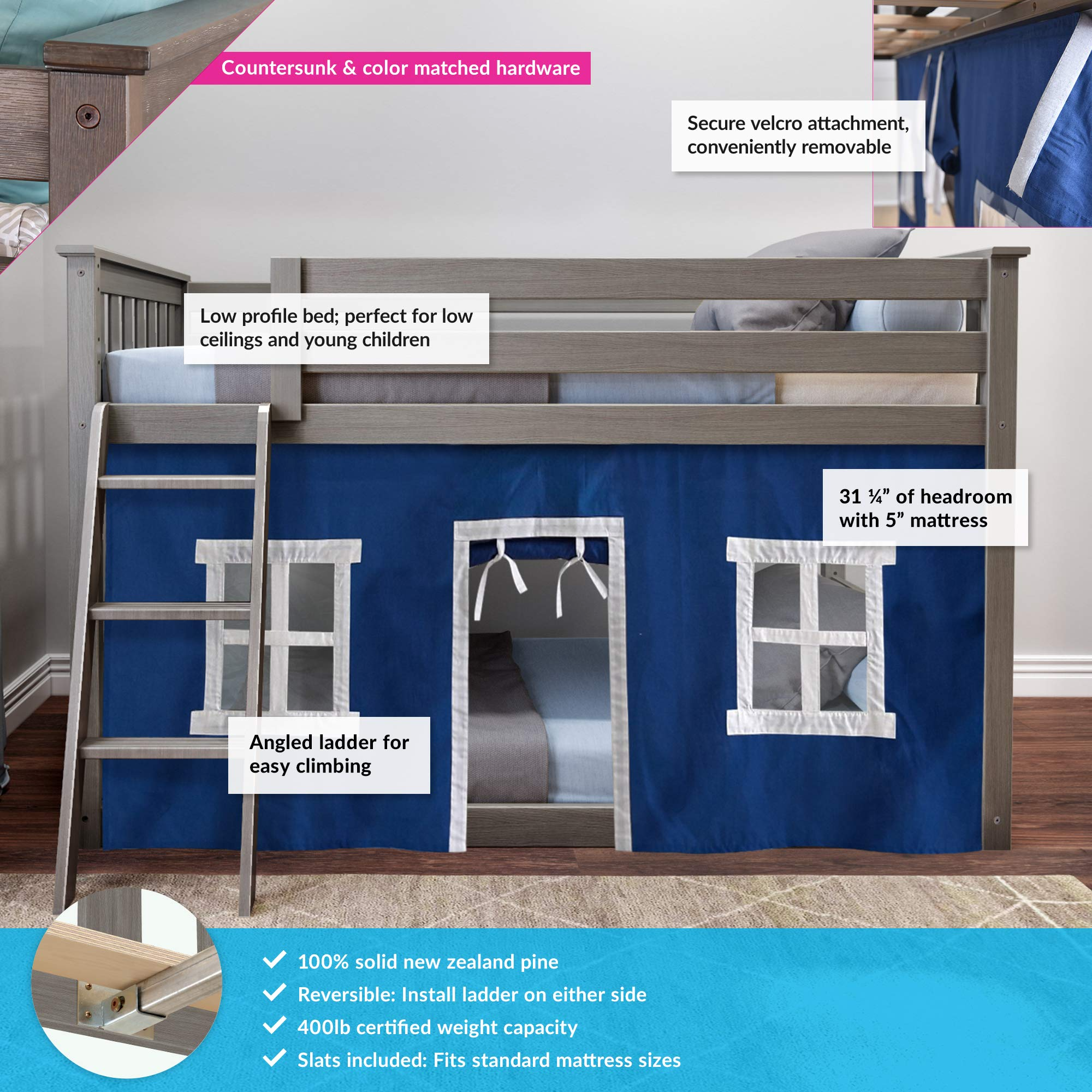 【Furniture】Low Bunk Bed, Twin-Over-Twin Bed Frame for Kids with Curtains for Bottom, Clay/Blue