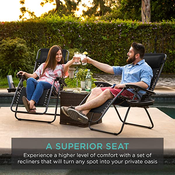Best Choice Products Set of 2 Adjustable Steel Mesh Zero Gravity Lounge Chair Recliners w/Pillows and Cup Holder Trays - Burgundy