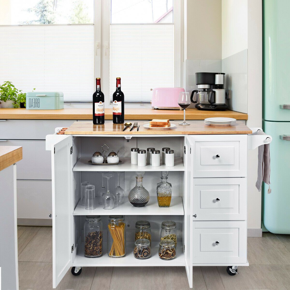 Kitchen Island Trolley with 3 Drawers and 2-door Cabinet