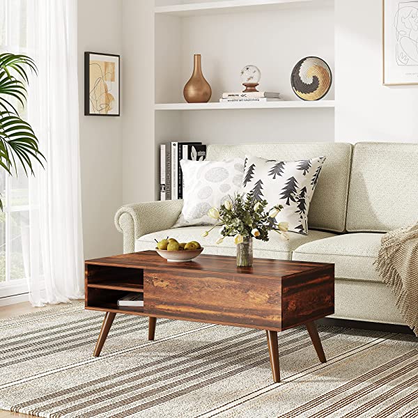 WLIVE Wood Lift Top Coffee Table with Hidden Compartment and Adjustable Storage Shelf, Lift Tabletop Dining Table for Home Living Room, Office, Rustic Oak