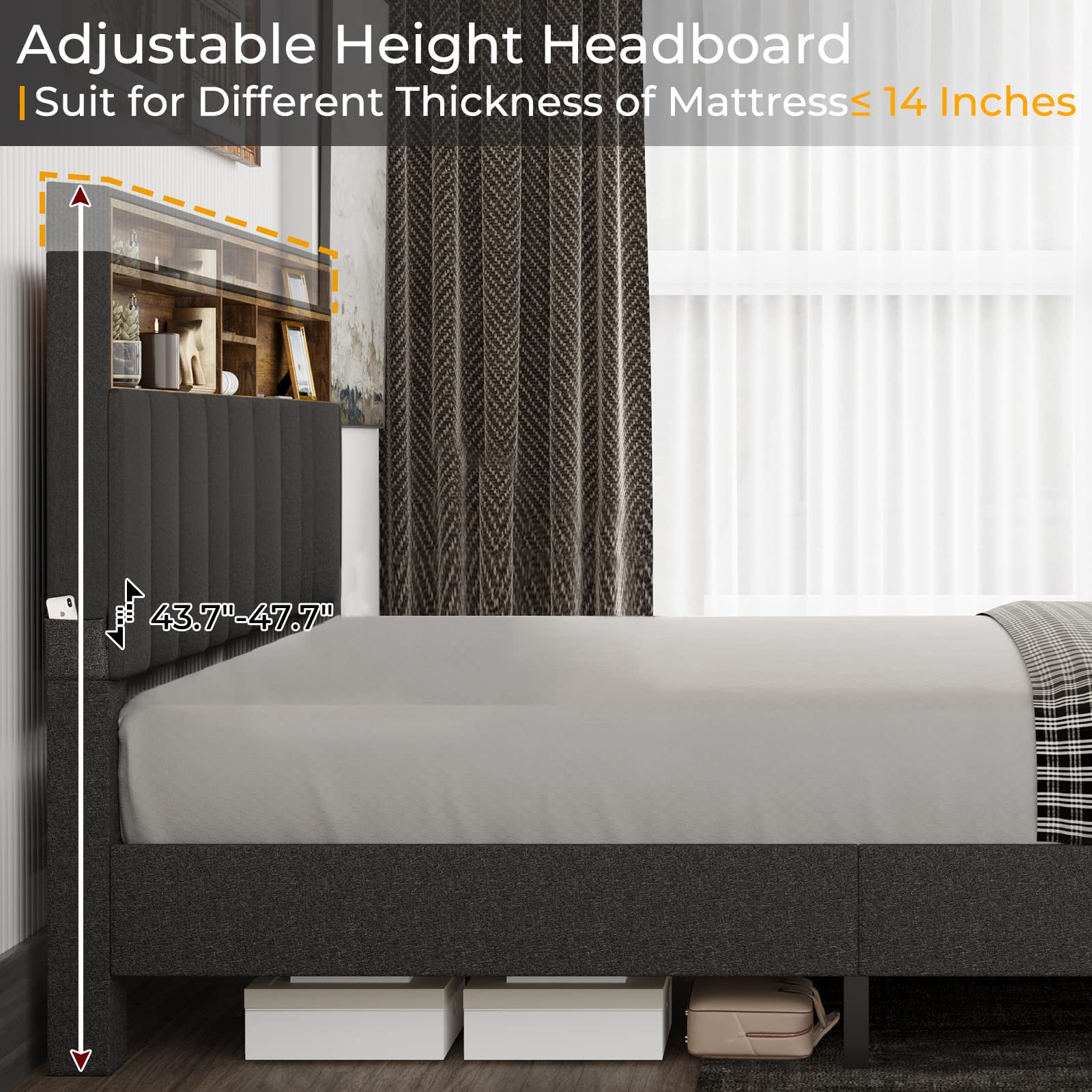 【Furniture】Queen Bed Frame with USB Ports and Outlets, Upholstered Platform Bed with Storage Headboard