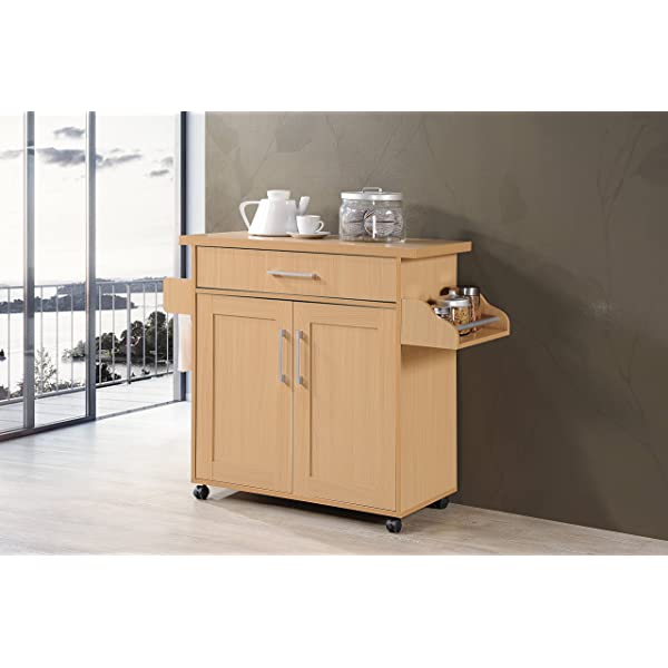 Hodedah Kitchen Island with Spice Rack, Towel Rack & Drawer, Black with Beech Top Black-beech