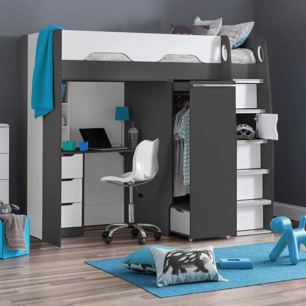 【Furniture】High Sleeper Storage Bed, Pegasus Wood Modern Desk Wardrobe Drawers Cupboards Loft Bunk Frame