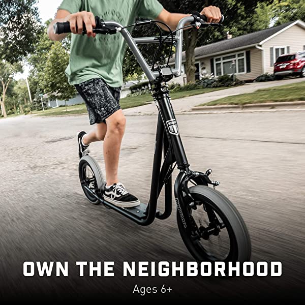 Mongoose Expo Youth Scooter, Front and Rear Caliper Brakes, Rear Axle Pegs, 12-Inch Inflatable Wheels, Non Electric Green/Grey
