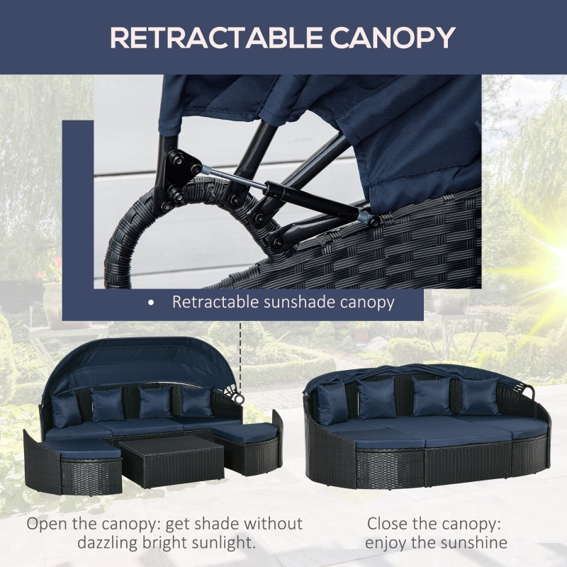 【Furniture】4 PC Patio Wicker Lounge Set, Outdoor Rattan Modular Garden Round Daybed Set