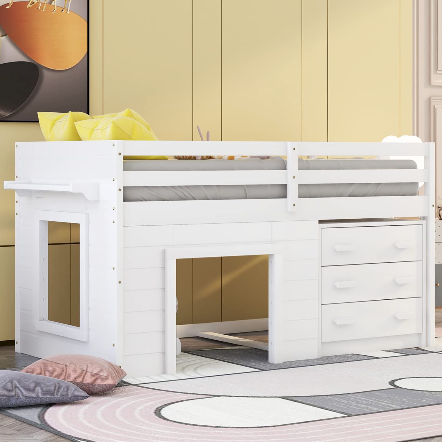 【Furniture】Bellemave Low Loft Beds with 3 Drawers Twin Loft Bed Frame with Cabinet & Bedside Tray Wood Farmhouse Loft Bed