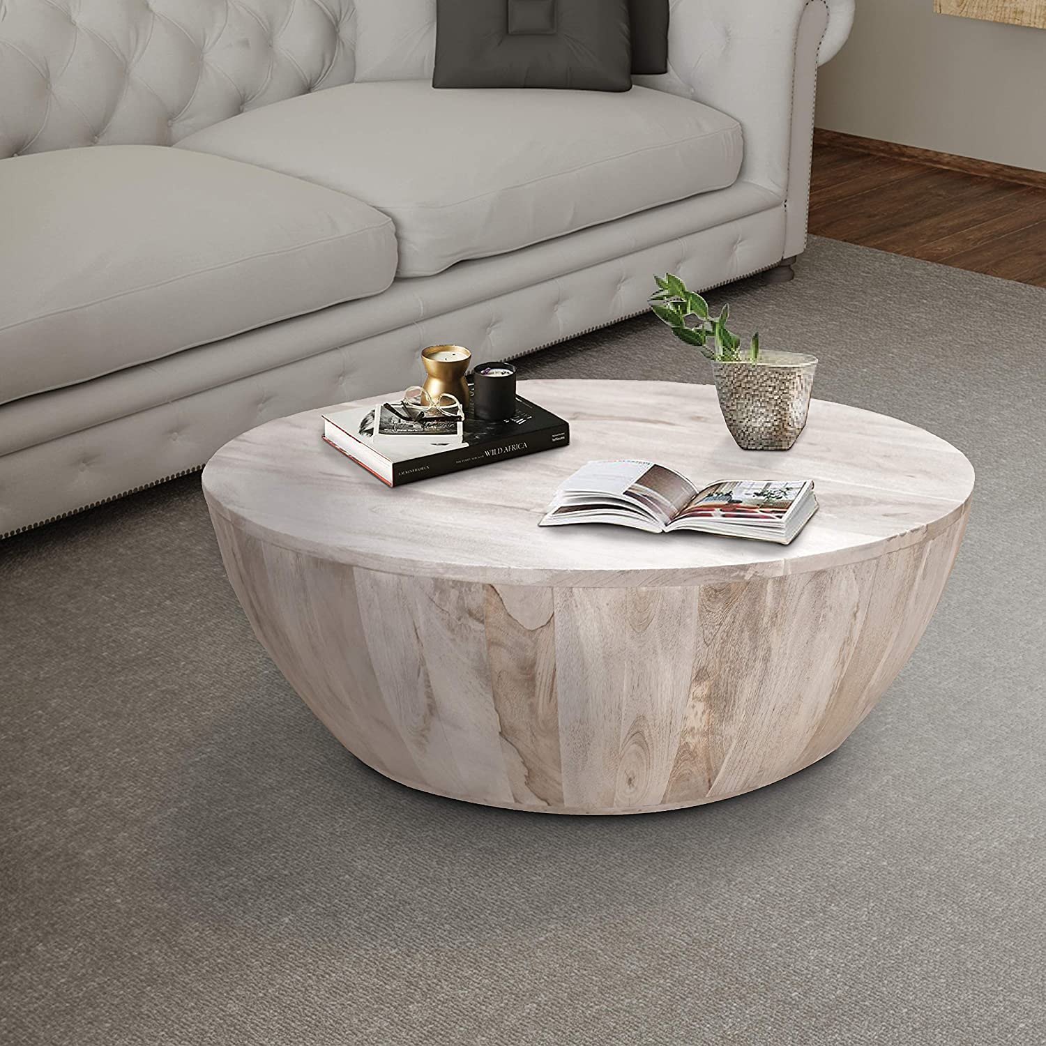 【Furniture】Drum Shape Wooden Coffee Table with Plank Design Base, Brown