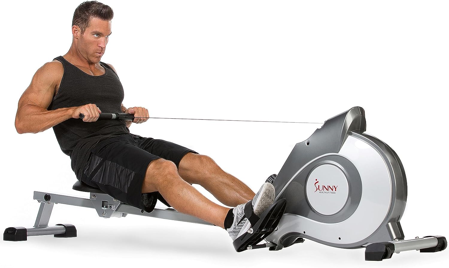Sunny Health and Fitness Magnetic Rowing Machine, Folding Rower with LCD Monitor and Extra Long Slide Rail, 8 Level Resistance, Transport Wheels, Full Body Workout Equipment For Home, SF-RW5515, Gray