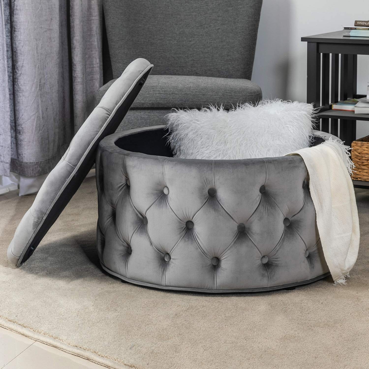 【Furniture】Homebeez Round Velvet Storage Ottoman, Button Tufted Footrest Stool Coffee Table