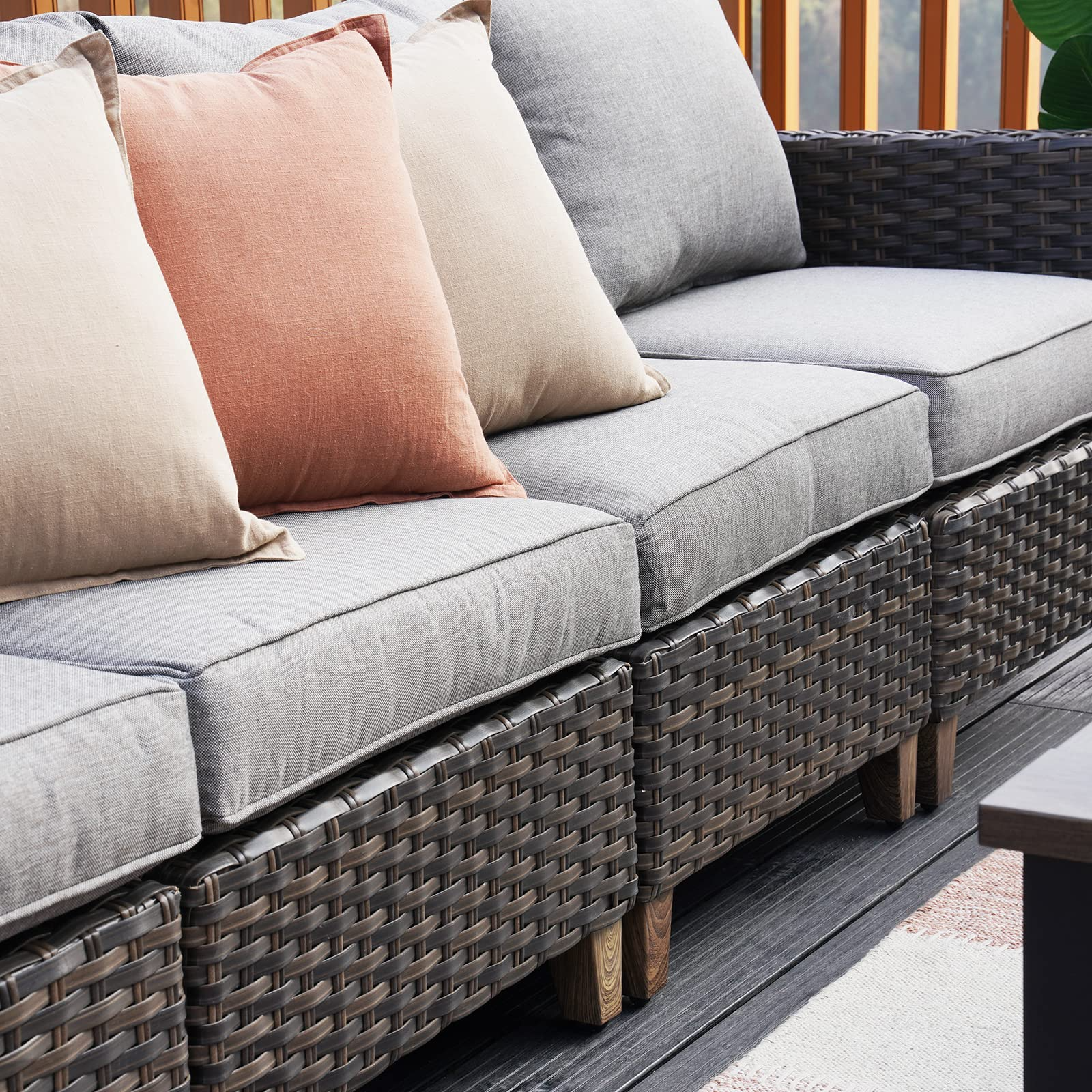 【Home&Garden】Patio Sofa Sets 9 Pcs Conversation Set with Fire Pit Table, PE Rattan Patio Furniture