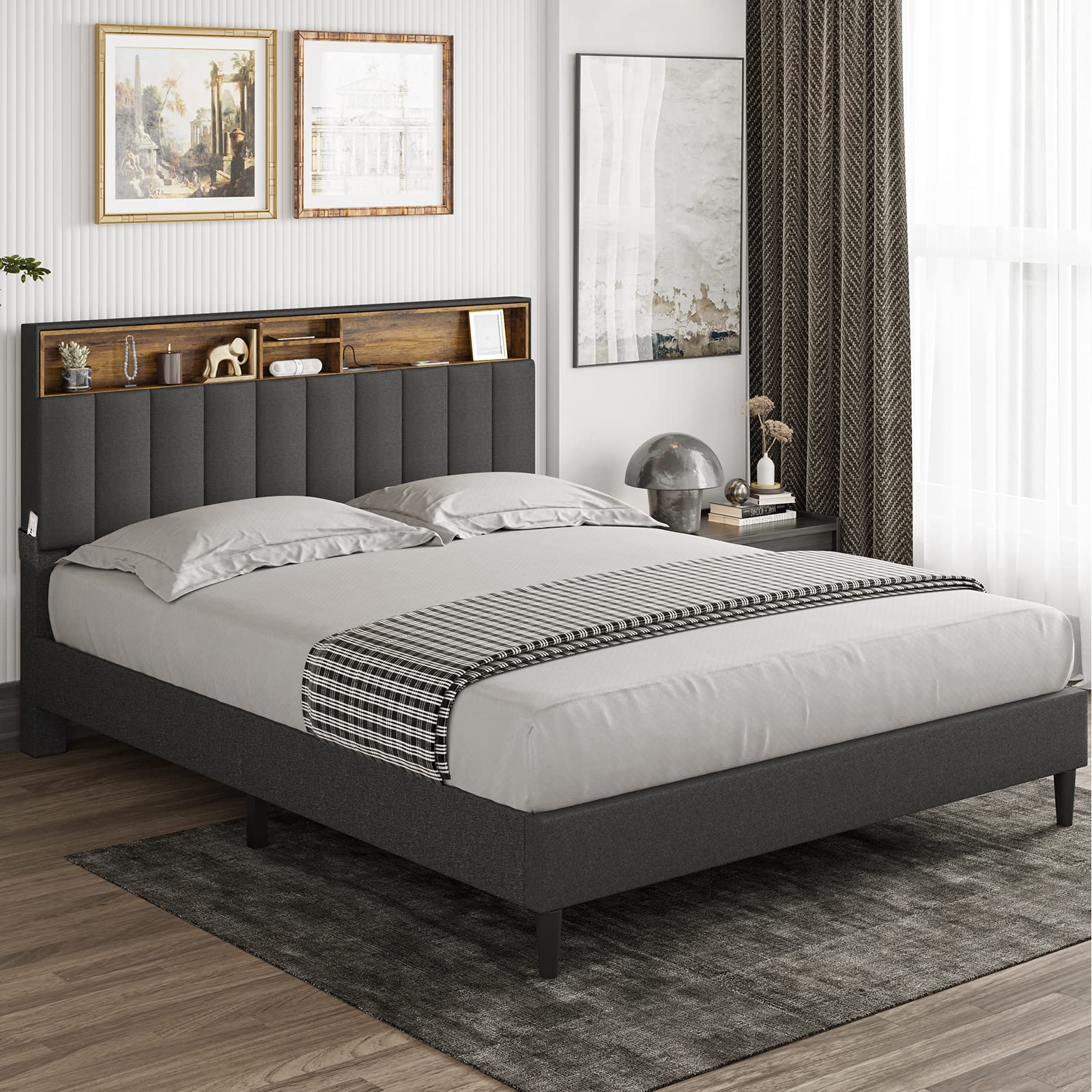 【Furniture】Queen Bed Frame with USB Ports and Outlets, Upholstered Platform Bed with Storage Headboard