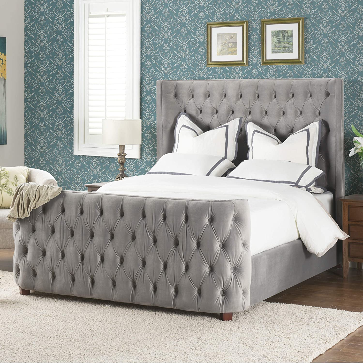 【Furniture】Tufted Panel Bed Headboard and Footboard Set, King, Light Beige
