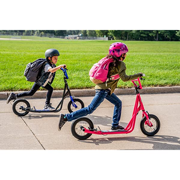 Mongoose Expo Youth Scooter, Front and Rear Caliper Brakes, Rear Axle Pegs, 12-Inch Inflatable Wheels, Non Electric Green/Grey