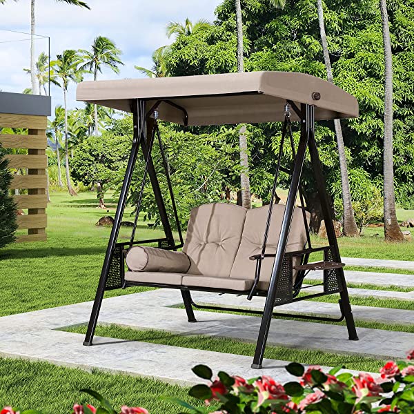PURPLE LEAF 3-Seat Deluxe Outdoor Patio Porch Swing with Weather Resistant Steel Frame, Adjustable Tilt Canopy, Cushions and Pillow Included, Beige 74.4