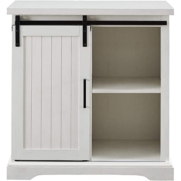 Walker Edison Beaumont Modern Farmhouse Sliding Slat Door Storage Cabinet, 32 Inch, White Oak White Oak Groove Door Cabinet