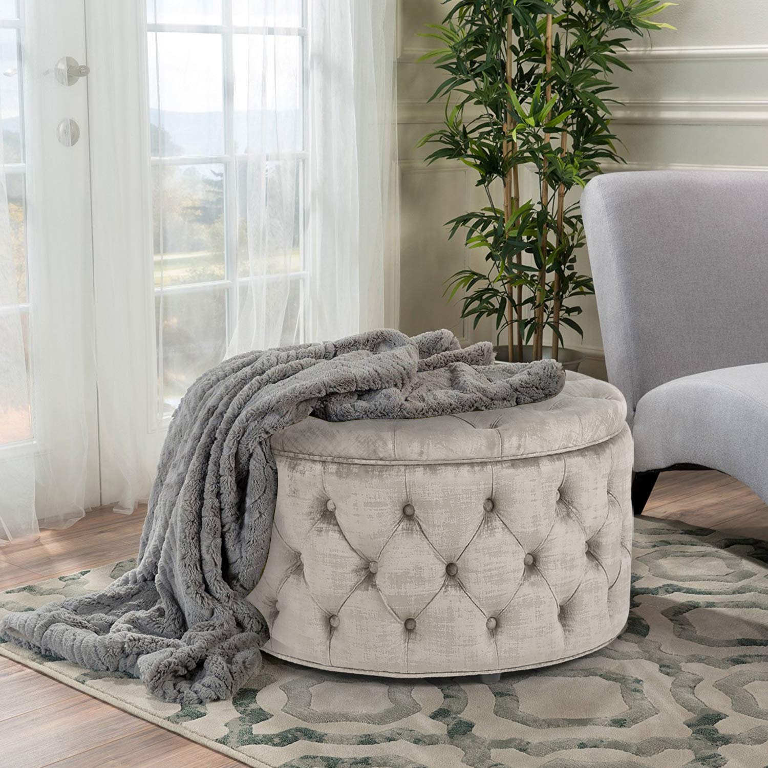 【Furniture】Homebeez Round Velvet Storage Ottoman, Button Tufted Footrest Stool Coffee Table